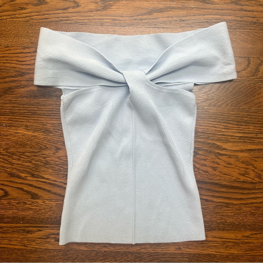 BAILEY 44 twist front ribbed off shoulder light blue knit top